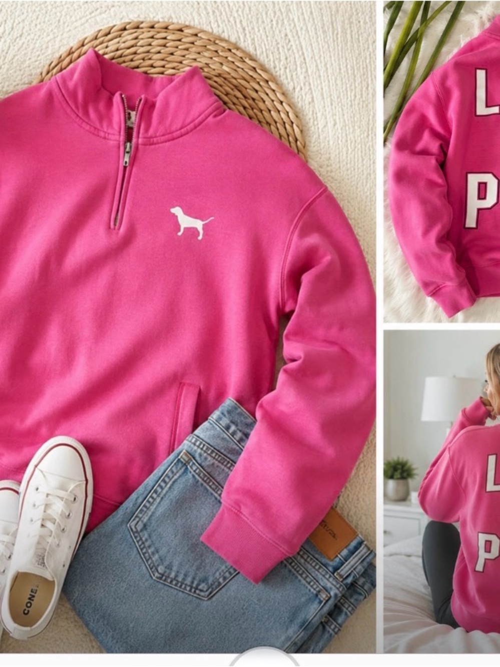 PINK Victoria's Secret Hot Pink Quarter-Zip Pullover Sweatshirt